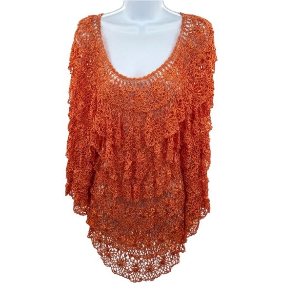 Ania A Tops - Ania A Orange Crochet Knit Tiered Ruffle Floral Top L/XL Rayon Boho Scoop Neck